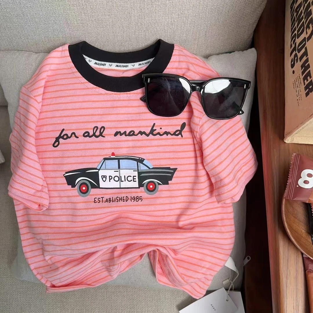【JMJQ 25108】夏季新款中小童韩版亲肤色织条纹小汽车印花短袖