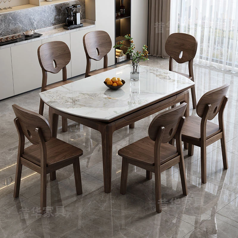 黑胡桃木实木岩板餐桌家用小户型伸缩折叠饭桌方圆两用10人圆桌子