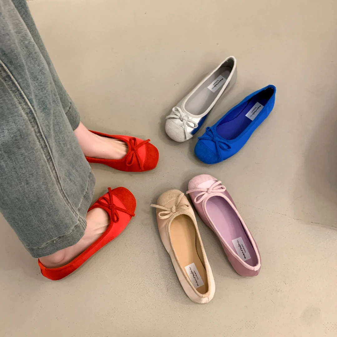 内增高蓝色缎面软底单鞋女法式蝴蝶结圆头芭蕾鞋浅口一脚蹬平底鞋