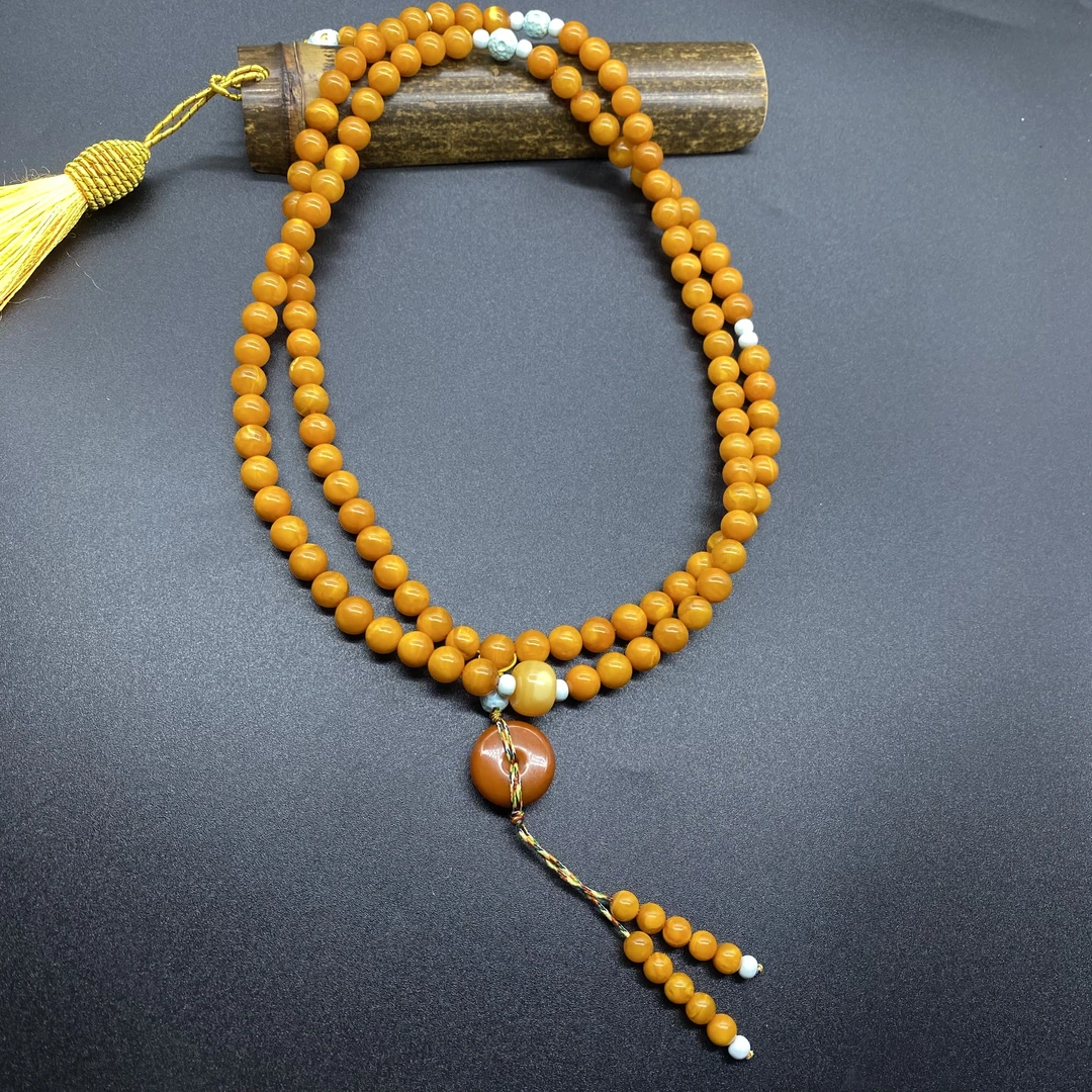 【景旺】7mm+星球珠平安扣老花蜡108手串