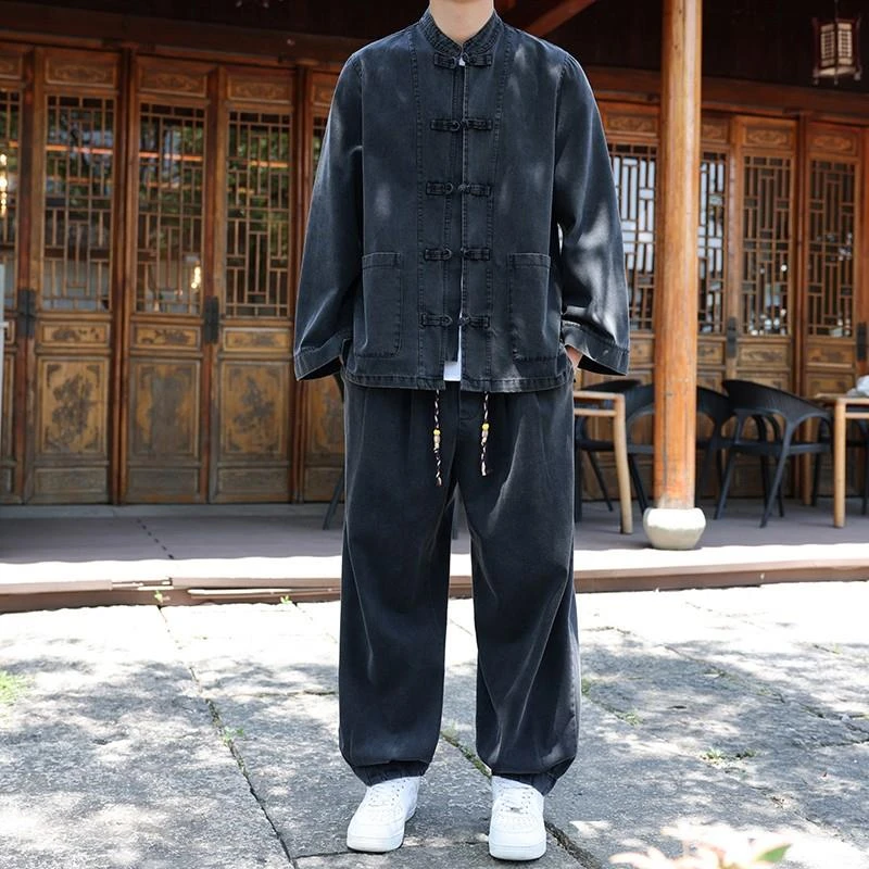 特大码300斤轻奢痞帅禅意男装秋季国风牛仔衬衫夹克休闲宽松套装