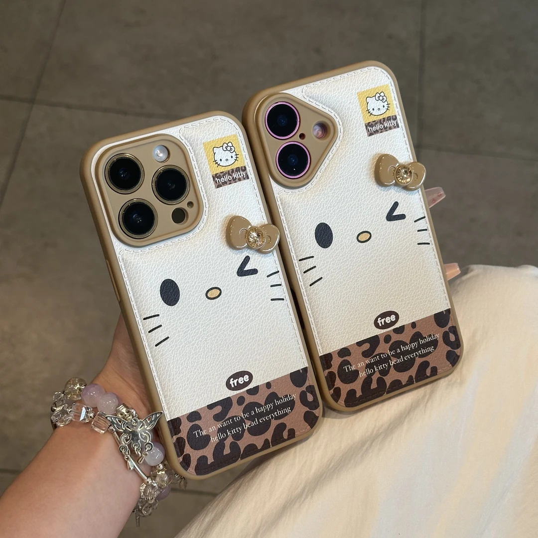 欧克里里豹纹KT表情蝴蝶结适用苹果17/16手机壳小米vivo华为oppo