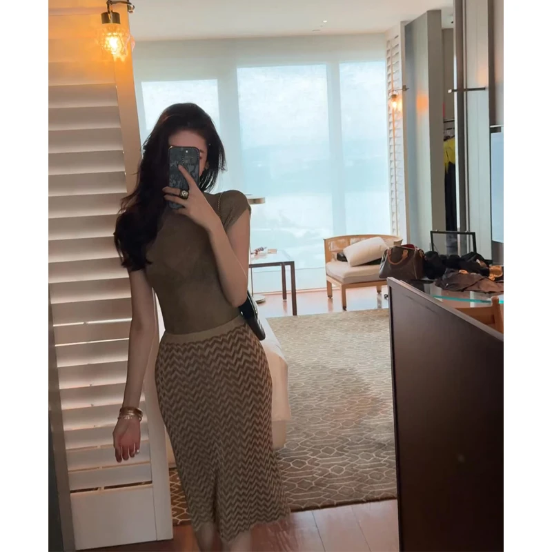 parkyeon复古知性御姐风修身气质上衣高腰显瘦包臀半身裙两件套