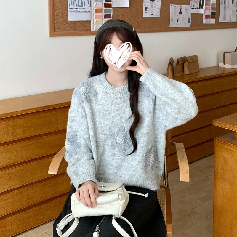 甜美显瘦慵懒风花朵毛衣女2025秋季设计感纯色打底针织衫上衣百搭