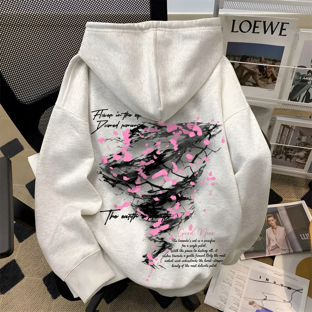 重磅美式复古樱花风暴字母印花连帽卫衣男女同款宽松高街潮牌外套