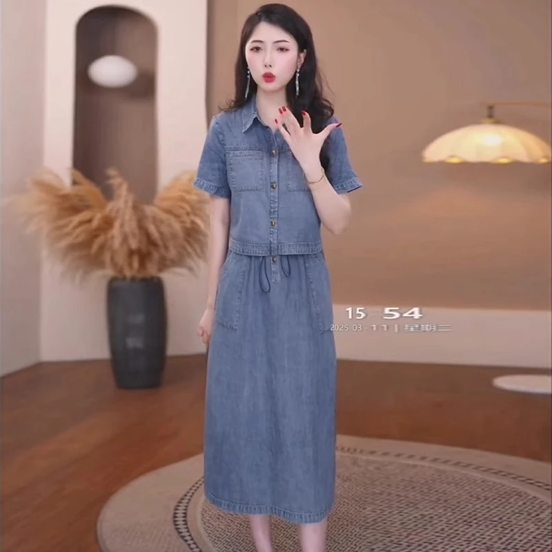 薄款牛仔连衣裙女短袖2025夏季新款收腰显瘦时尚假两件中长款裙子