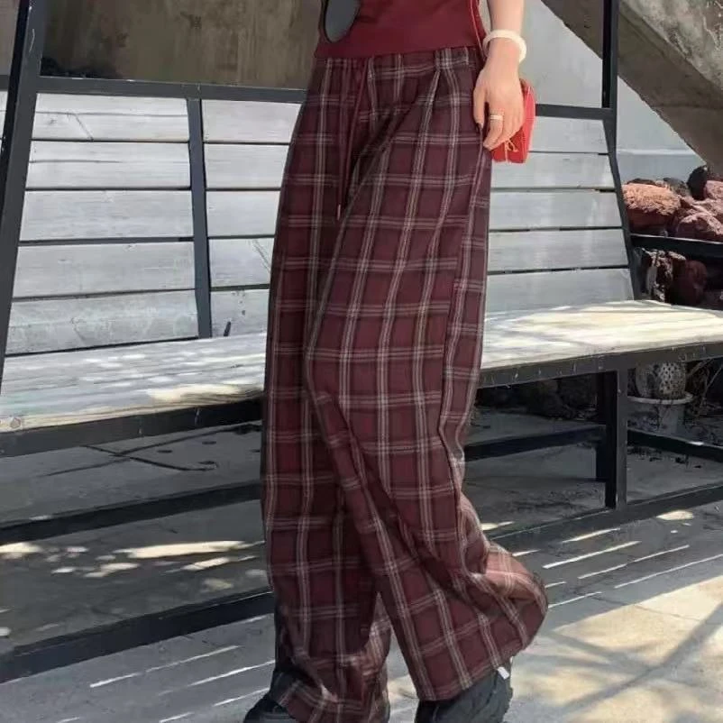 38-99019   时尚高腰垂感百搭慵懒风松紧腰直筒格子裤 XXK/0113