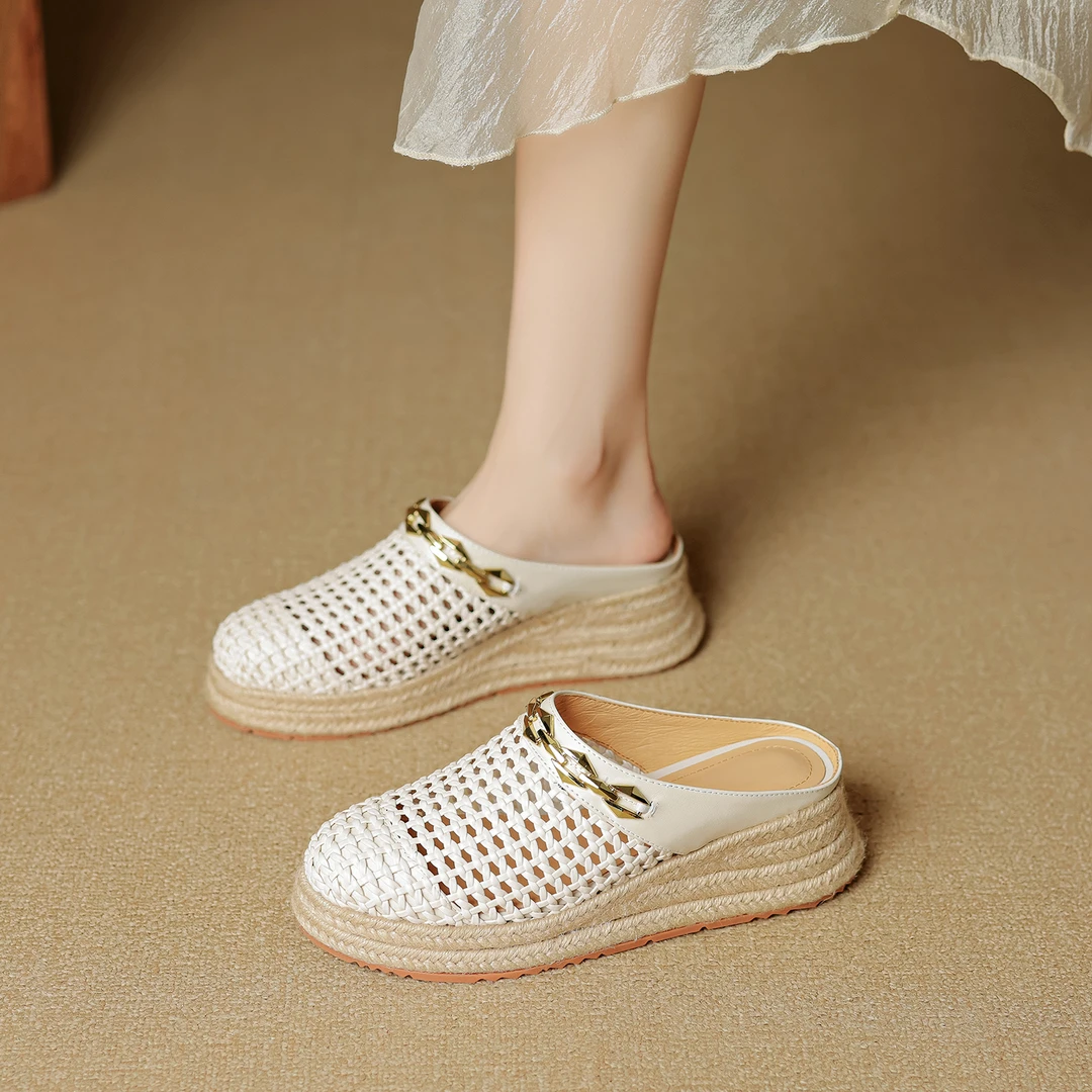 包头一字拖鞋女夏外穿2025年新款小个子厚底休闲编织镂空高跟凉拖