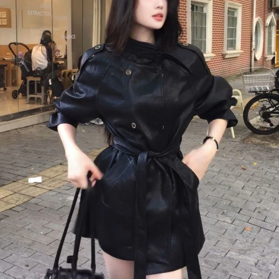 黑色皮衣女中长款秋款韩版时尚感立领皮夹克腰带款风衣pu皮衣外套
