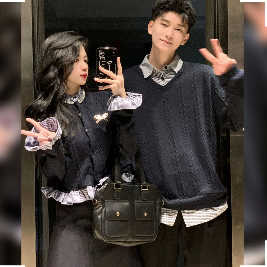 情侣装春秋季网红假两件拼接毛衣两件套半身裙长袖韩版一裙一衣潮