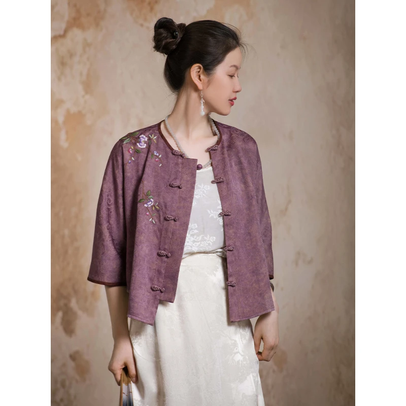 蘭襟【楝花风起】草木染重缎红云纱双面穿手绣衬衫外套女中国风立领