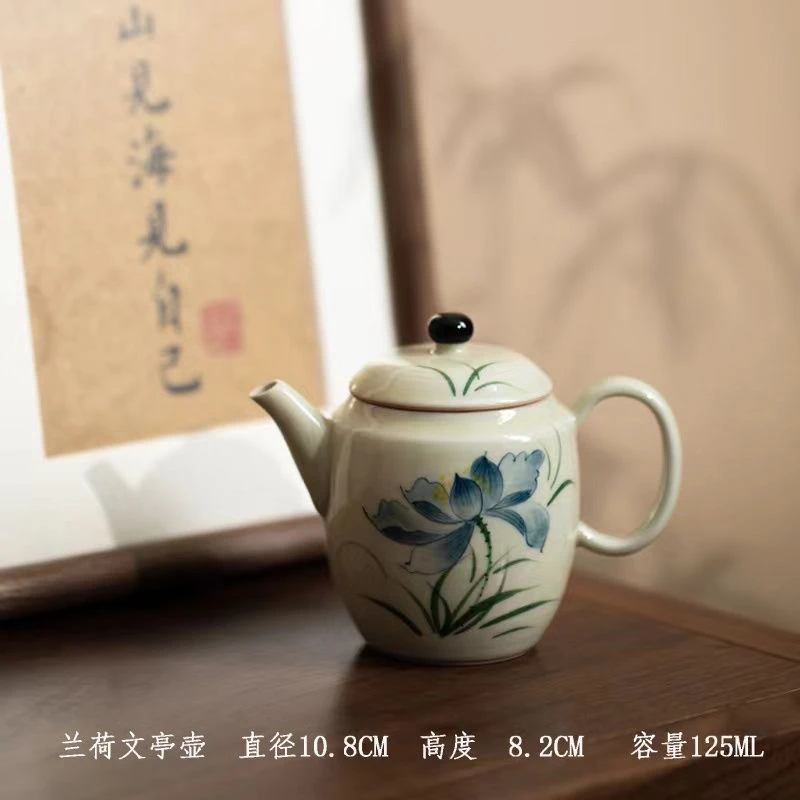 草木灰釉下彩手绘荷花寿桃功夫泡茶壶泡茶器陶瓷家用复古创意茶具