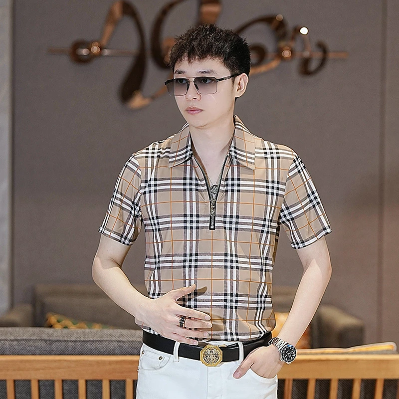 男士夏季新款冰丝修身半拉链短袖休闲百搭薄款翻领时尚衬衣