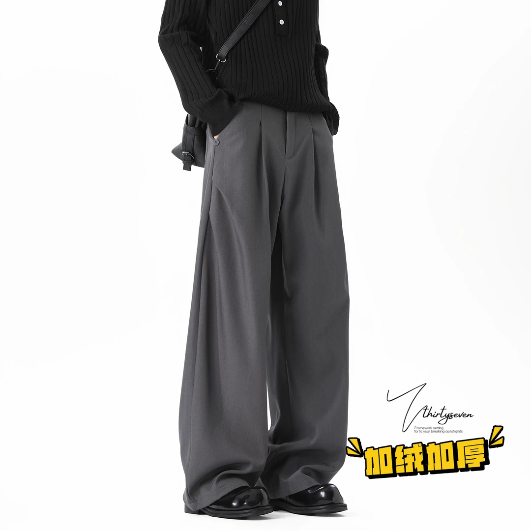 V37美式老风深灰色褶皱宽松休闲裤男冬季加绒加厚垂感阔腿长裤