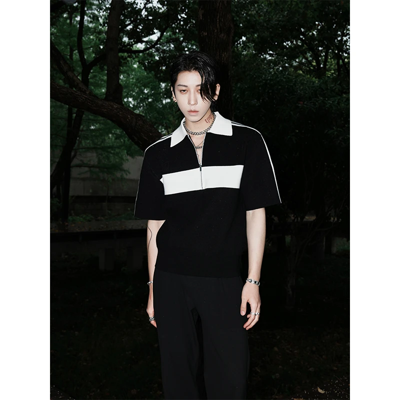 HARH“稚青顽童”翻领撞色设计感正肩宽松针织Polo衫拉链短袖T恤