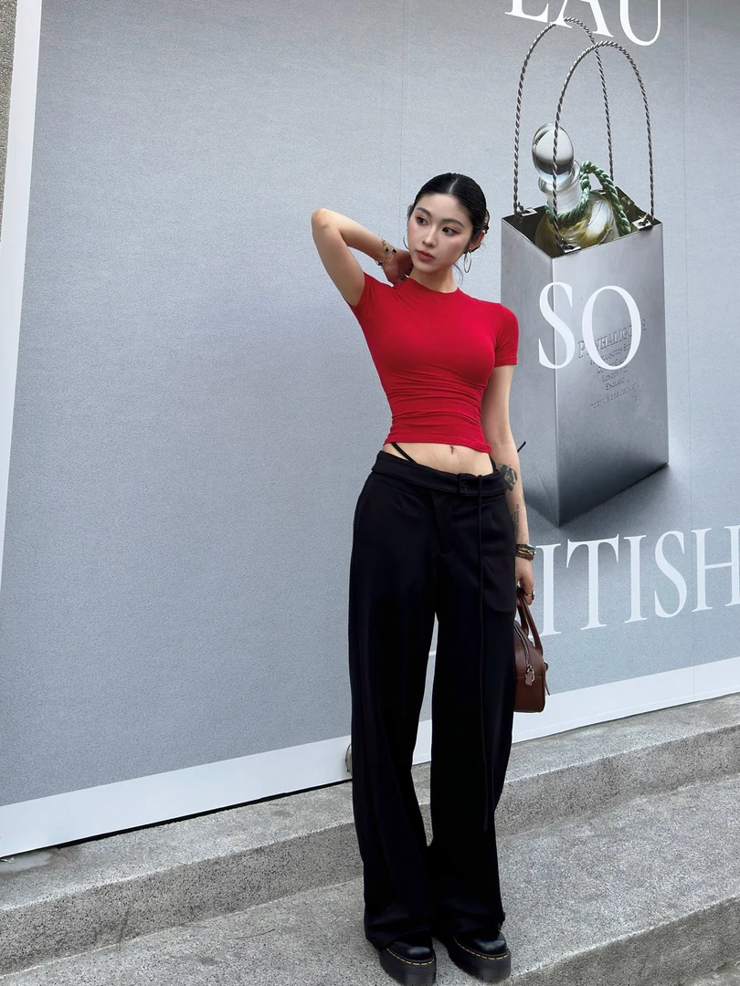 LOOSINGWHITE 翻腰头系带直筒长裤