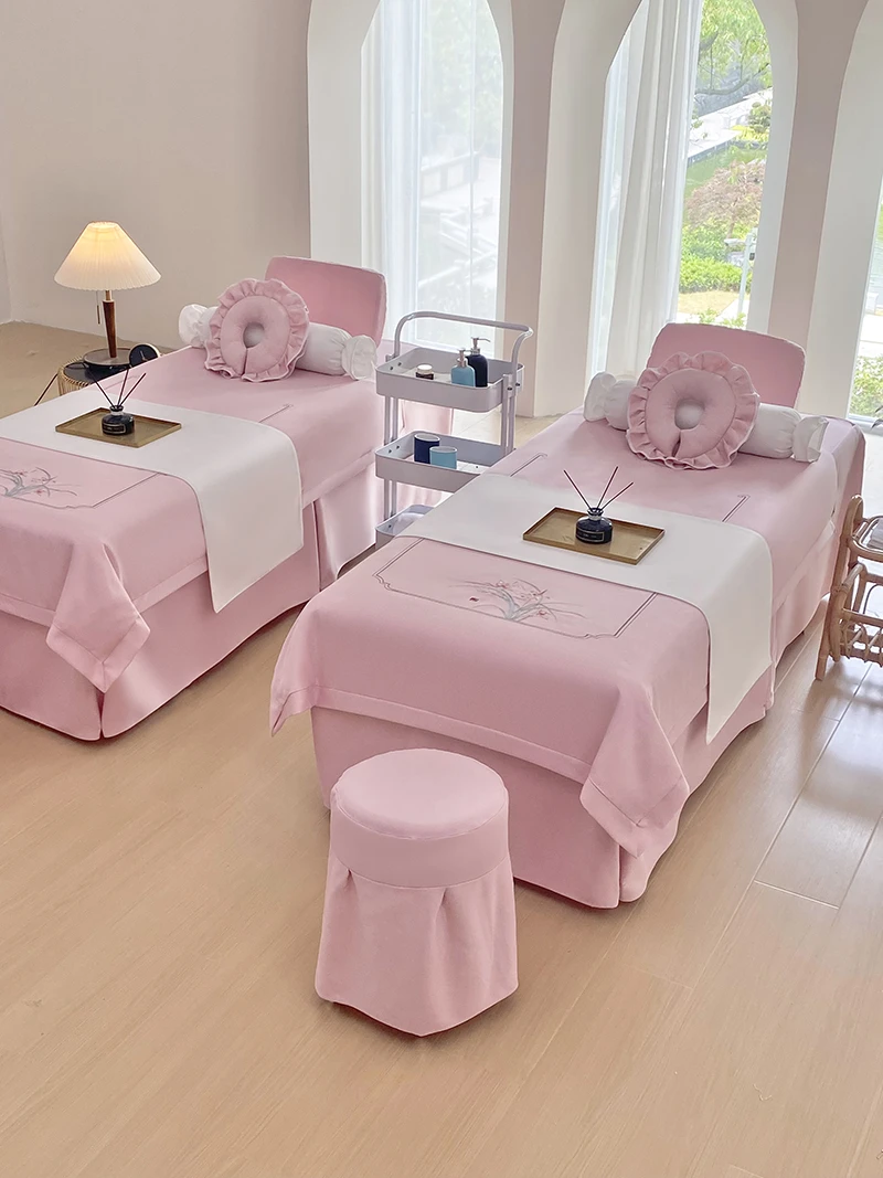 轻奢欧式美容院床罩四件套棉麻高级按摩推拿洗头床床单床品美体