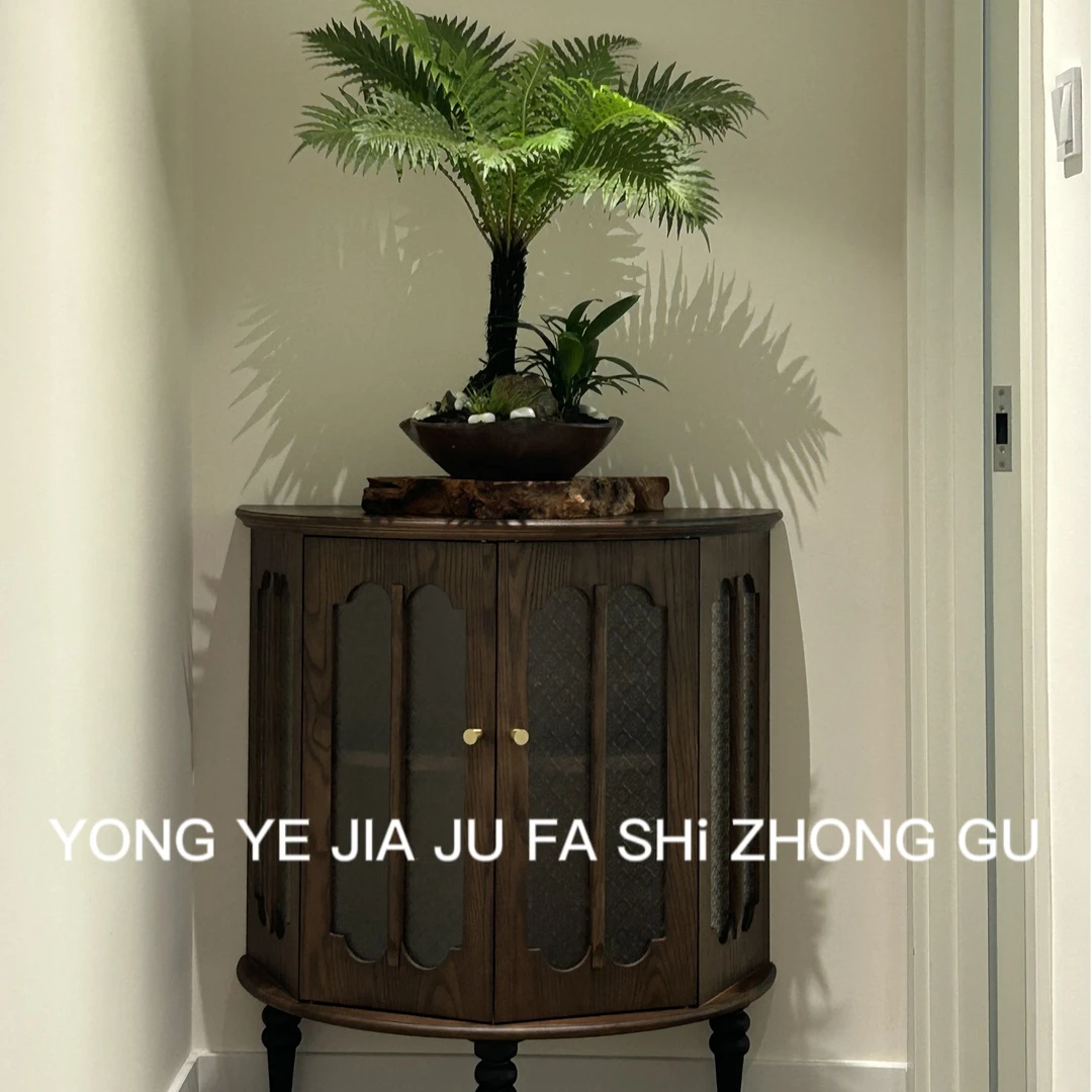法式复古客厅实木玄关柜轻奢创意设计感家用转角艺术玻璃储物柜