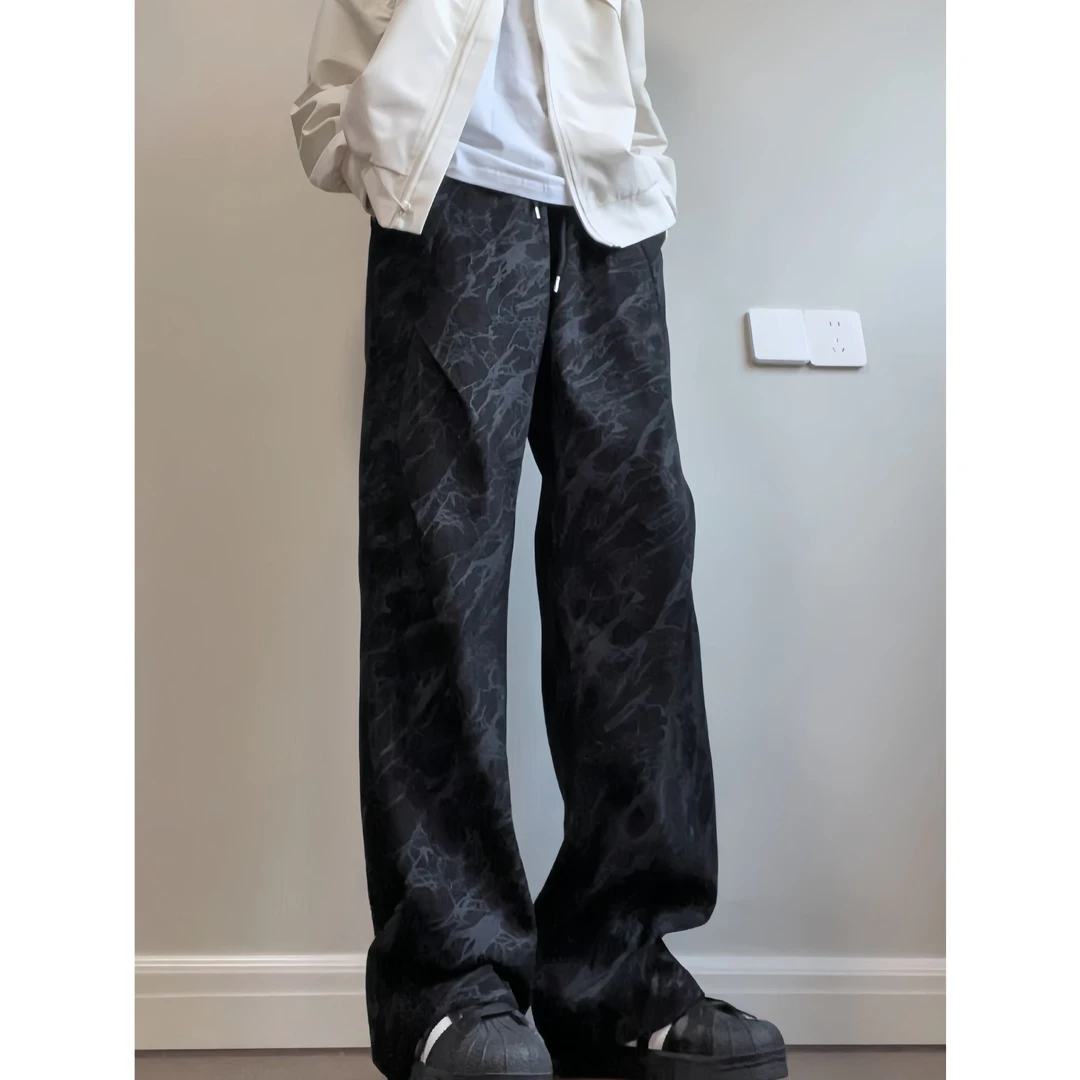 扎染裤子男秋季新款褶皱设计稿美式复古休闲裤宽松百搭直筒裤潮牌