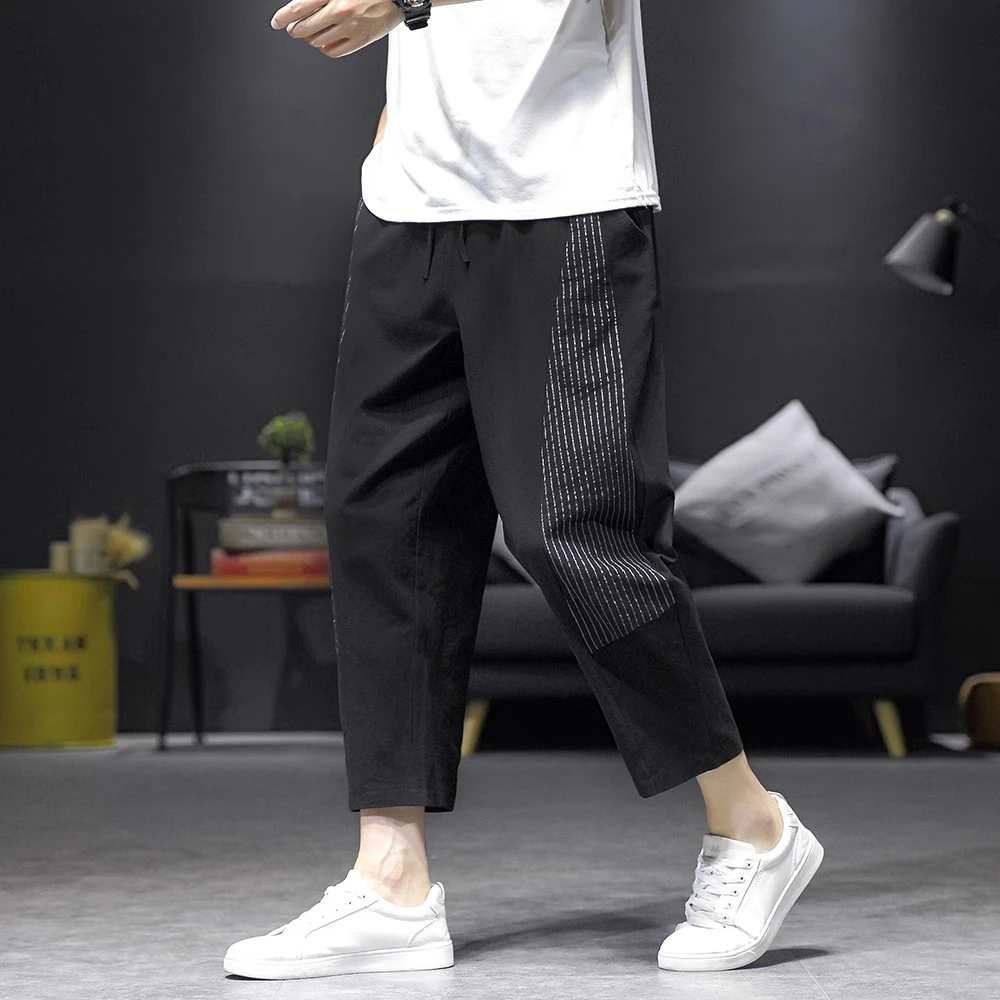 潮牌条纹男裤子夏季薄款设计感拼接八分裤大码宽松潮流哈伦运动裤