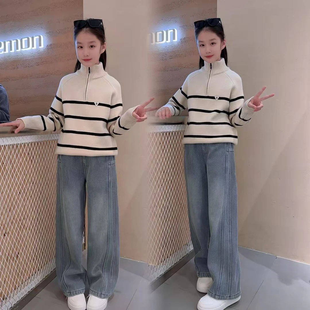 女童针织毛衣套装秋冬新款保暖毛衣女孩中大童加绒牛仔裤两件套潮