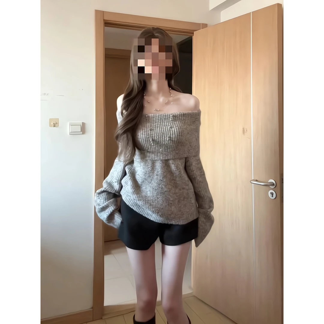 灰色一字肩套头毛衣小众露肩针织衫短裤外穿高腰a字紧身热裤靴裤