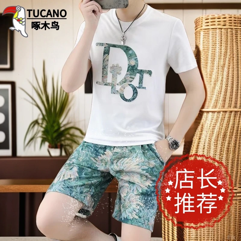 啄木鸟花短裤套装男短袖潮牌休闲沙滩裤宽松运动裤中国风高级穿搭
