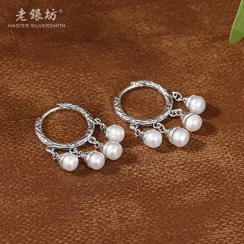 【老银坊】s925银复古树纹吊珍珠耳扣 0015274