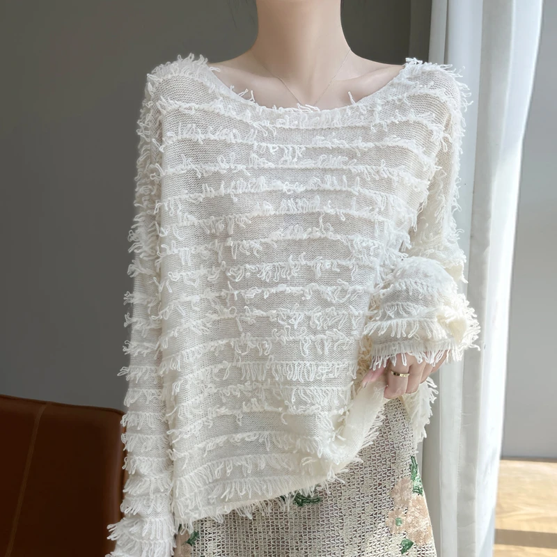 秋冬季100%羊毛衫女气质圆领流苏边套头毛衣宽松百搭针织打底罩衫