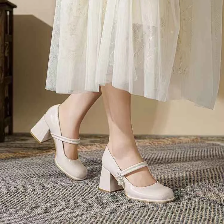 8208-1新款高跟鞋女法式粗跟玛丽珍方头单鞋一字带