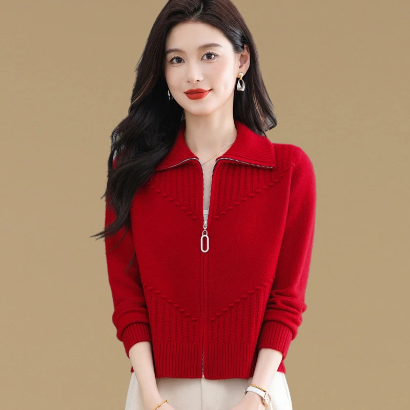 时尚翻领提花针织开衫女士春秋小个子外搭披肩短款配裙子毛衣外套