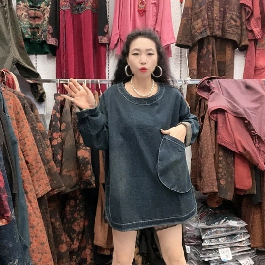 织绣招财猫牛仔大衫深蓝