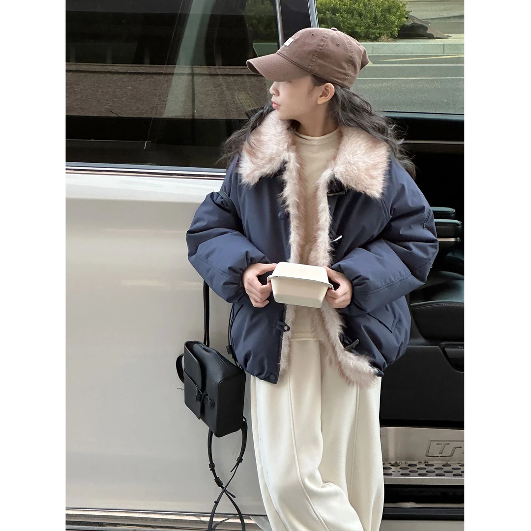 K30500大翻毛领牛角扣女童加绒加厚派克服儿童外套2025新款秋冬装