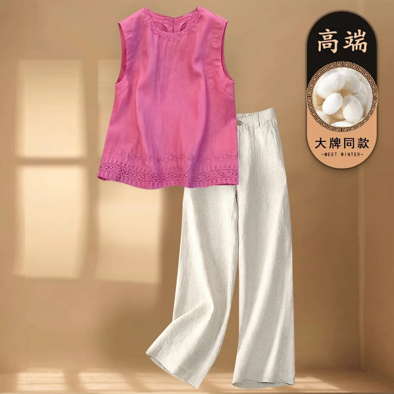 洋气时髦亚麻无袖套装女士妈妈夏装高端轻奢苎麻衬衫阔腿裤两件套