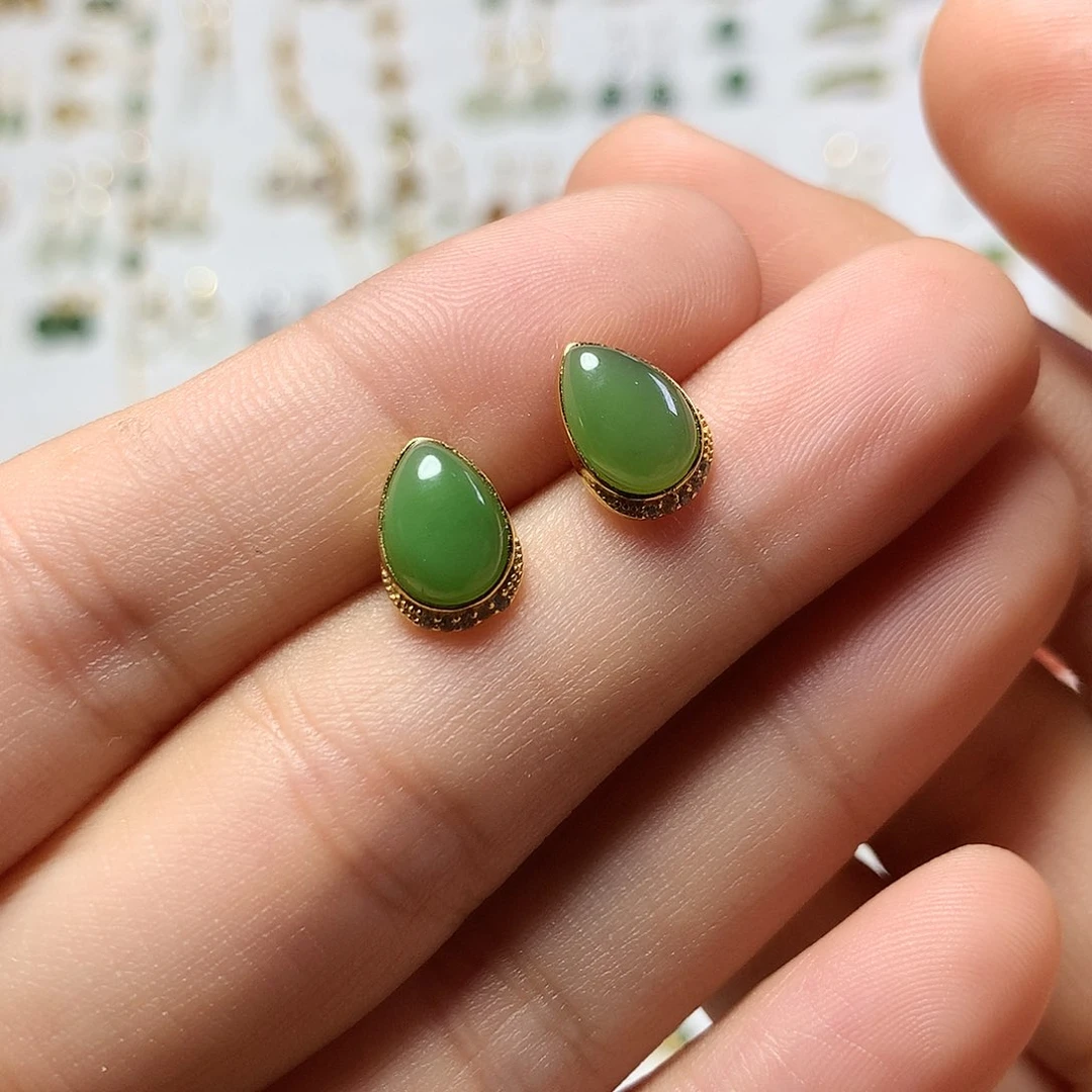 银S925镀金镶嵌和田玉（碧玉）耳饰