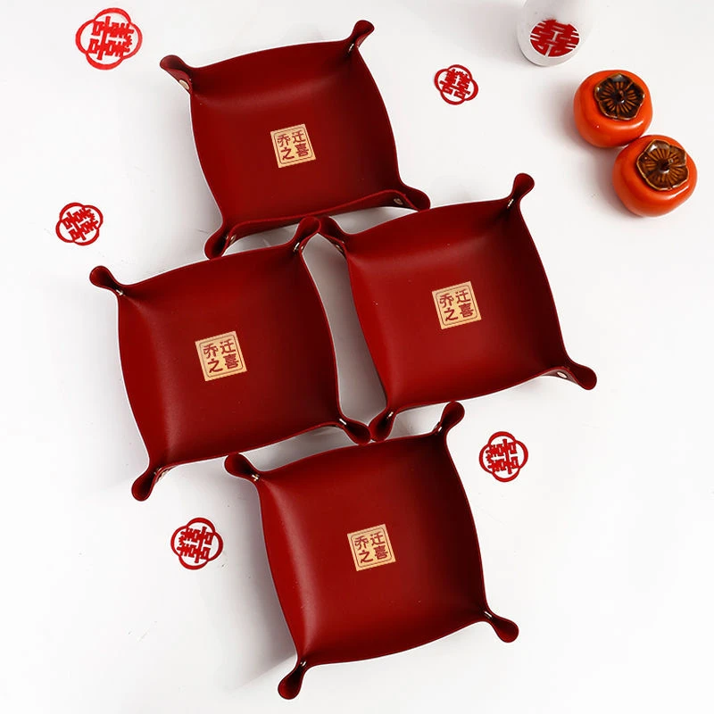 乔迁之喜果盘红色皮果盘新居搬家入宅餐具家装饰布置开业果盘