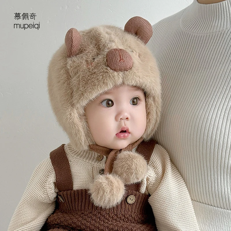 婴儿帽子秋冬季毛绒帽男女宝宝可爱小熊护耳帽冬天保暖套头帽厚款
