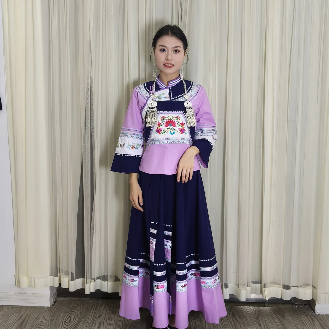 2025年新款壮族布依族浅紫色裙子套装民族风中国风绣花