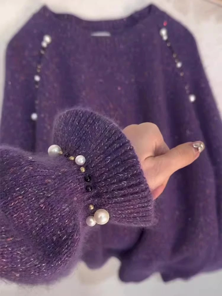 韩系高级感气质软糯珍珠毛衣女2025秋冬新款洋气休闲百搭针织长袖
