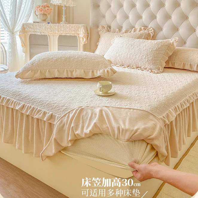 冬季花边床笠款牛奶绒夹棉床裙珊瑚绒加厚全包床罩防滑床垫保护套