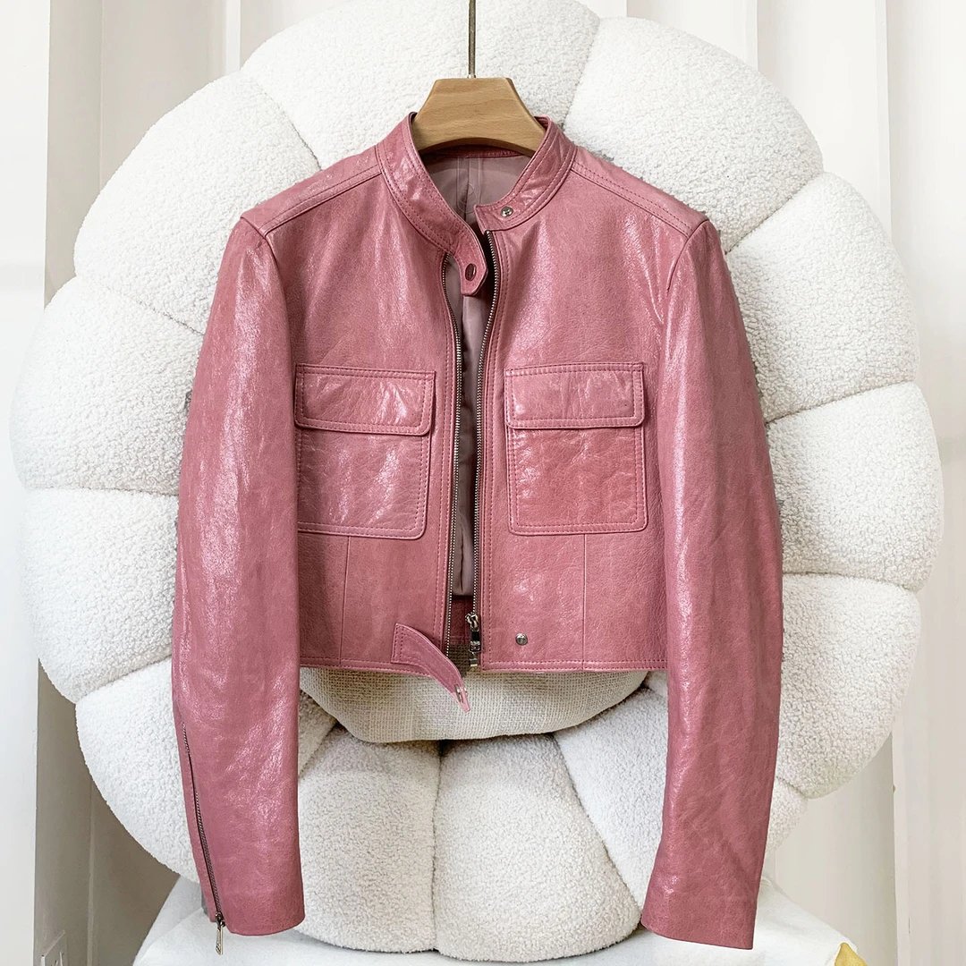 澳澜雅菲极简风立领机车真皮皮衣短款春秋季复古油蜡羊皮夹克外套