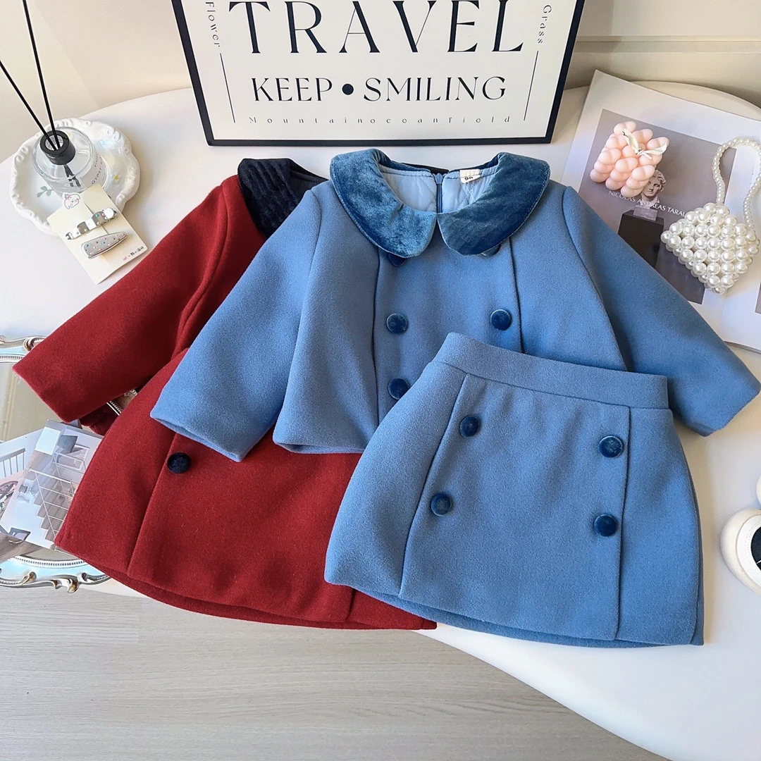 【优米】女童套装冬季新款时尚娃娃领双排扣半身裙两件套AWA792