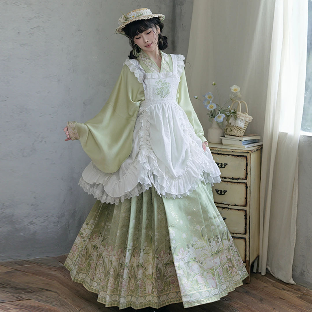 三生都【铃兰兔】原创绿色汉洋折衷织金妆花马面裙汉服少女风新中式