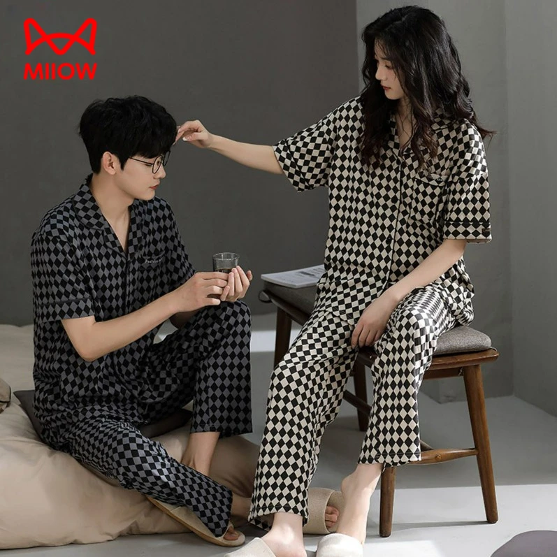 MIIOW/猫人情侣睡衣女套装夏纯棉短袖开衫男女款高颜值家居服套装