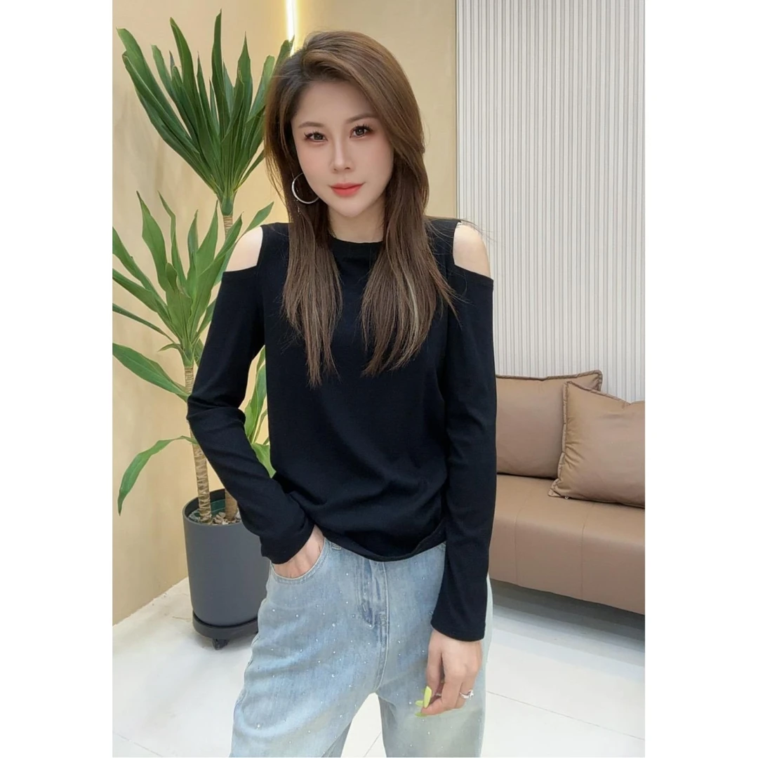 【人棉260克】韩系圆领露肩长袖t恤女秋冬新款修身打底衫上衣