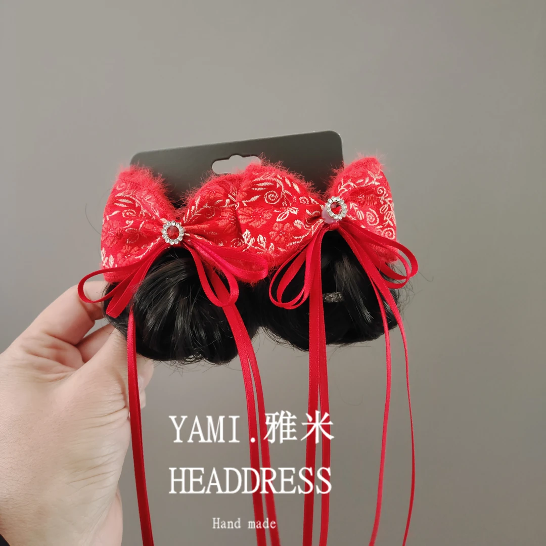 儿童假发苞宝宝新年头发饰可爱红色中国风女孩毛球流苏飘带蝴蝶结