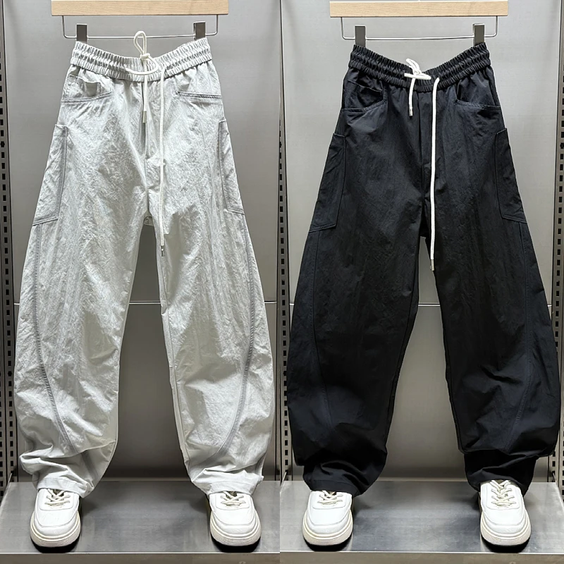 2025春夏新款男士休闲裤潮流拼接宽松工装弯刀裤潮牌痞帅阔腿长裤