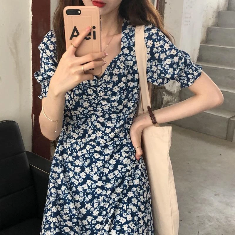 法式长款蓝色碎花连衣裙爆款女新款夏季气质长裙显瘦修身收腰裙子