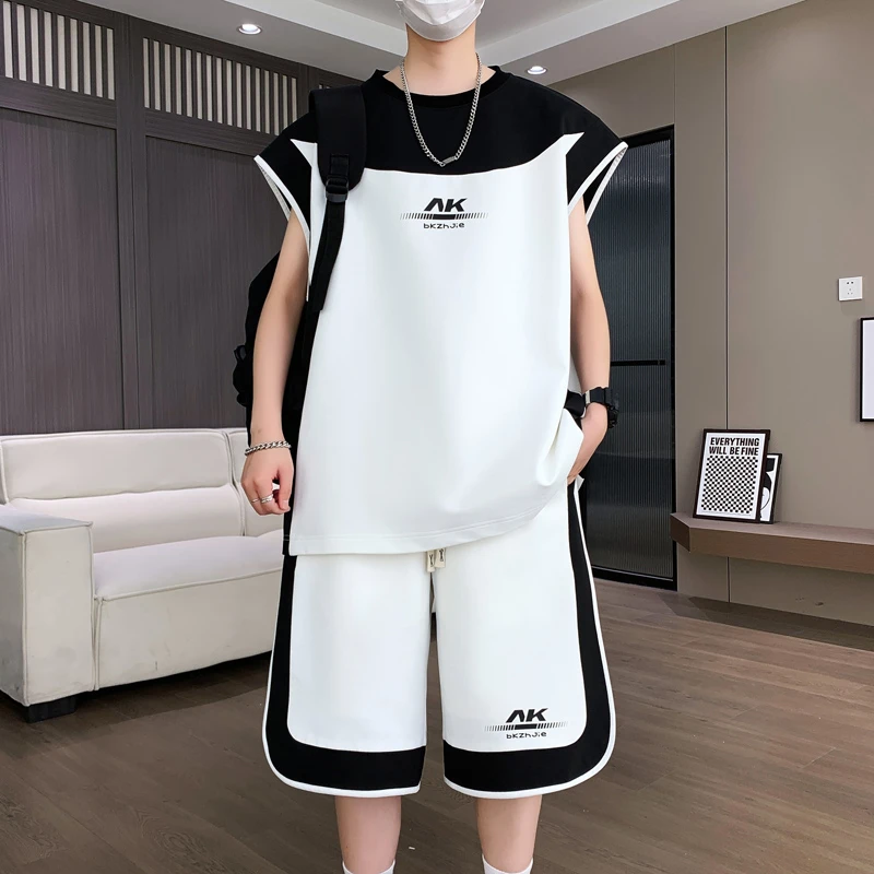 青少年冰丝速干篮球服运动套装男夏季时尚休闲无袖T恤两件套