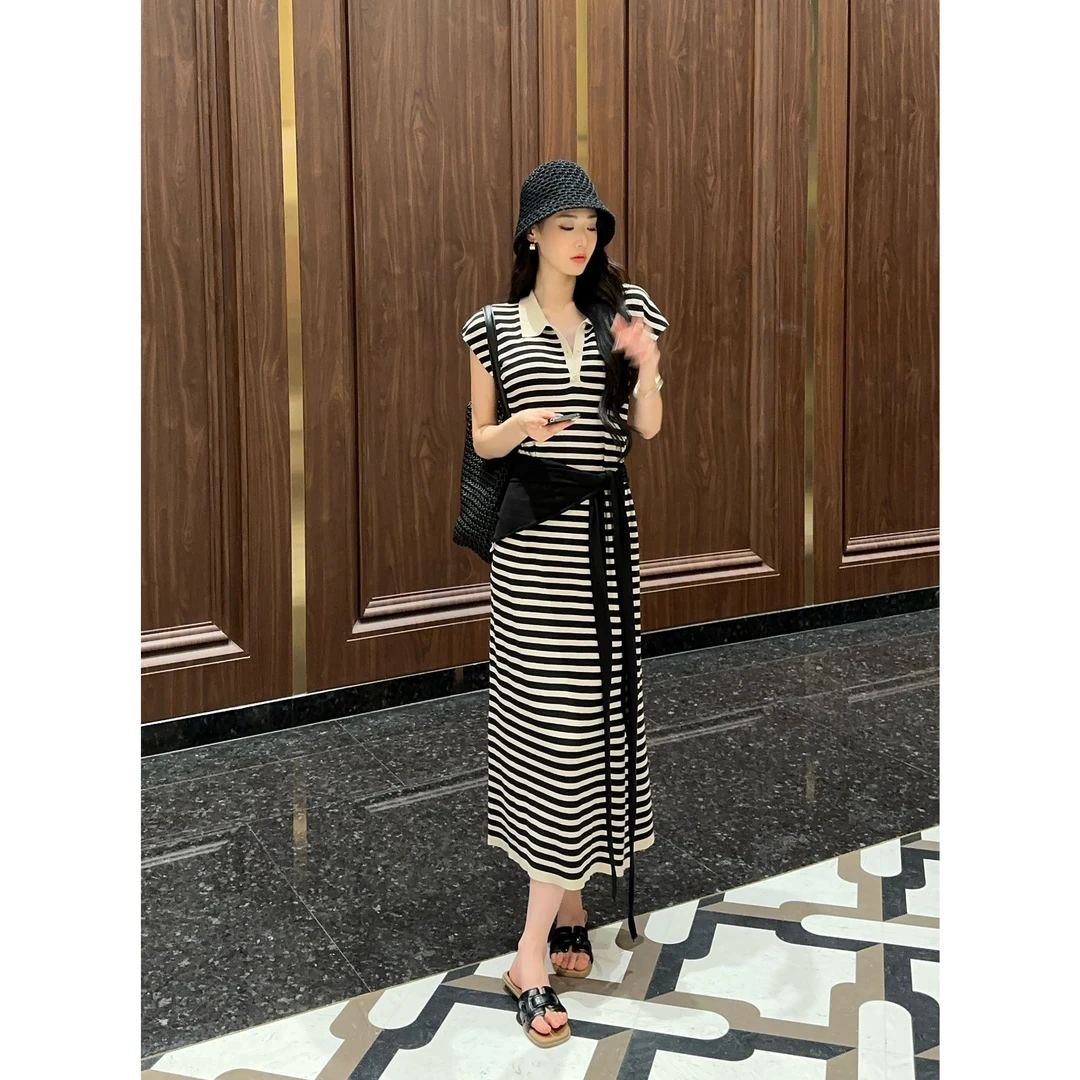 JIJINQI夏季韩版休闲条纹裙时髦气质褶皱POLO领连衣裙JD06LMQM214